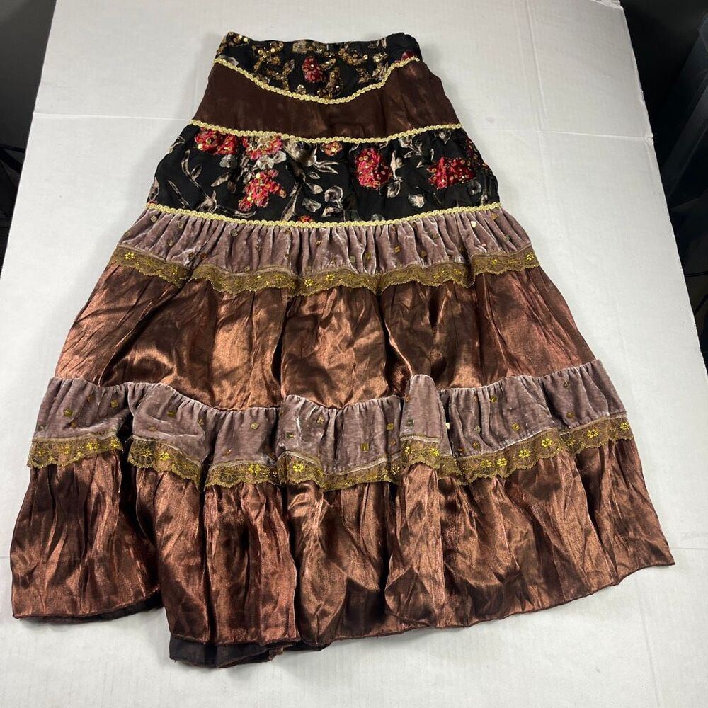 Banana USA Boho Tiered Maxi Skirt Embroidered Sequin Gypsy Pull On Patchwork S